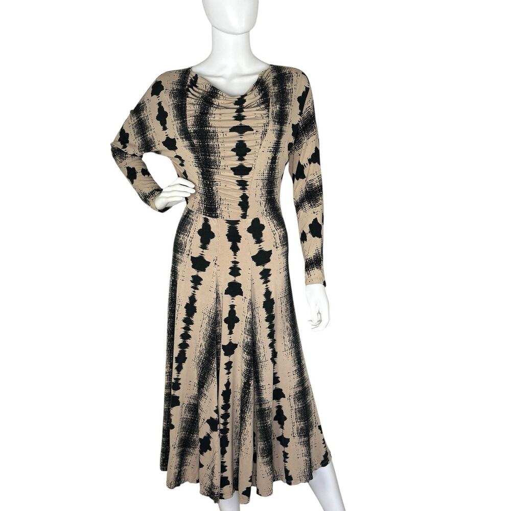 Bel Kazan Maxi Dress Cowl Neck Tie Dye Beige Black Boho Artsy Sz M